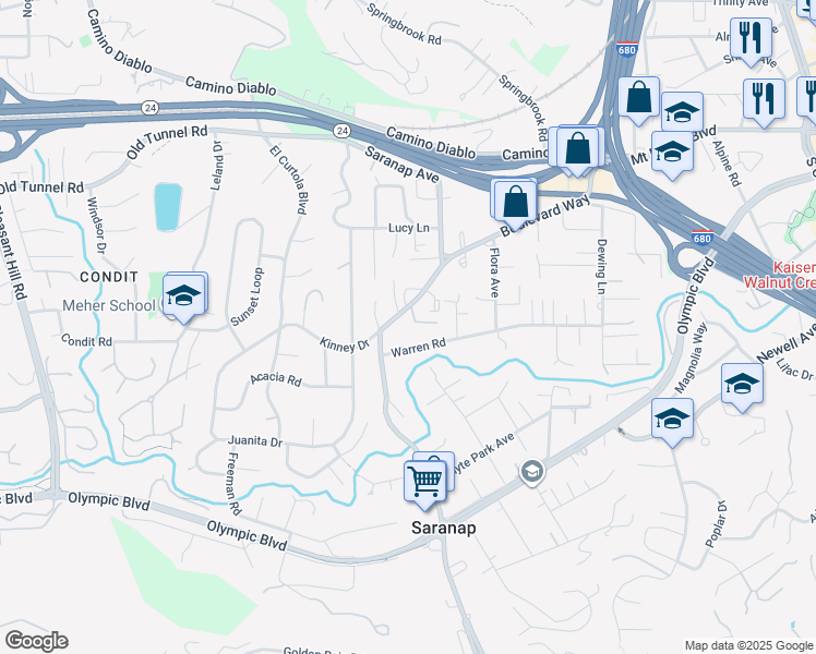 map of restaurants, bars, coffee shops, grocery stores, and more near 1360 Boulevard Way in Walnut Creek