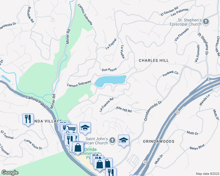 map of restaurants, bars, coffee shops, grocery stores, and more near in Orinda