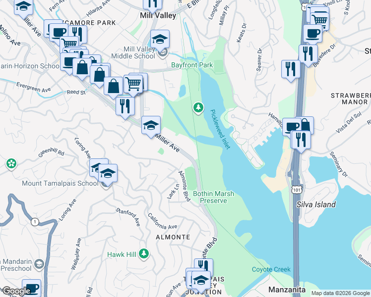 map of restaurants, bars, coffee shops, grocery stores, and more near 785 Miller Avenue in Mill Valley