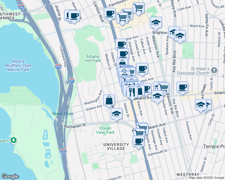 map of restaurants, bars, coffee shops, grocery stores, and more near 816 Madison Street in Albany