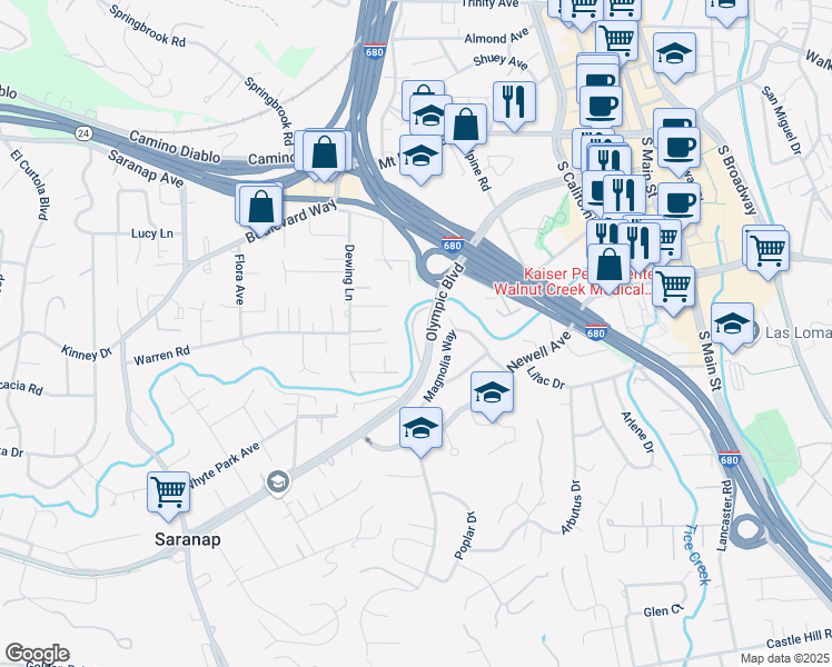 map of restaurants, bars, coffee shops, grocery stores, and more near 328 North Villa Way in Walnut Creek
