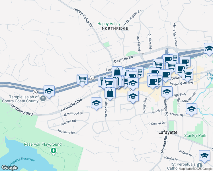 map of restaurants, bars, coffee shops, grocery stores, and more near 3650 Mount Diablo Boulevard in Lafayette