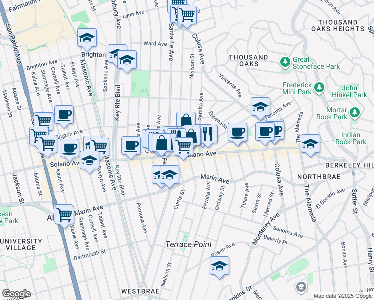 map of restaurants, bars, coffee shops, grocery stores, and more near 835 Curtis Street in Albany