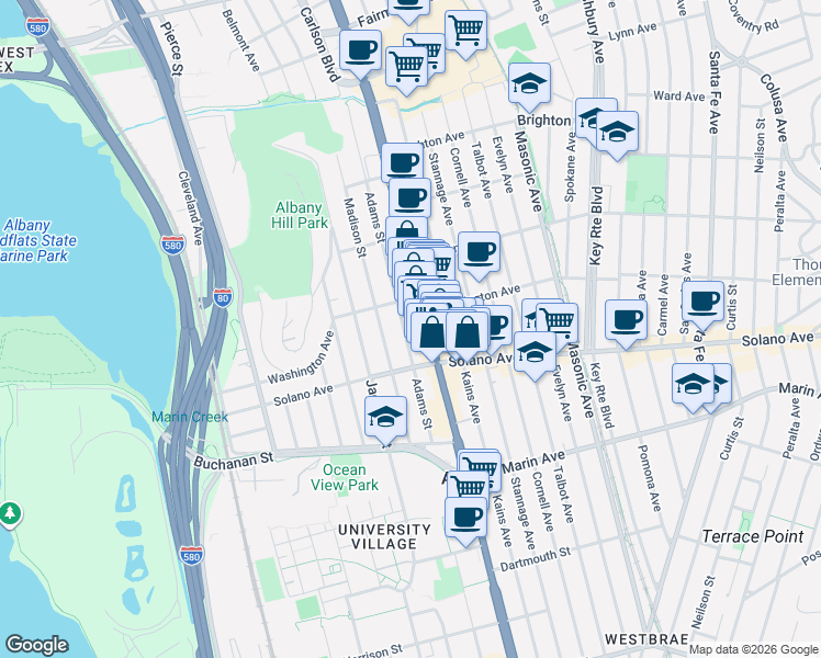 map of restaurants, bars, coffee shops, grocery stores, and more near 828 San Pablo Avenue in Albany
