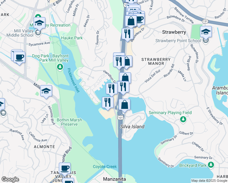 map of restaurants, bars, coffee shops, grocery stores, and more near 655 Redwood Highway in Mill Valley