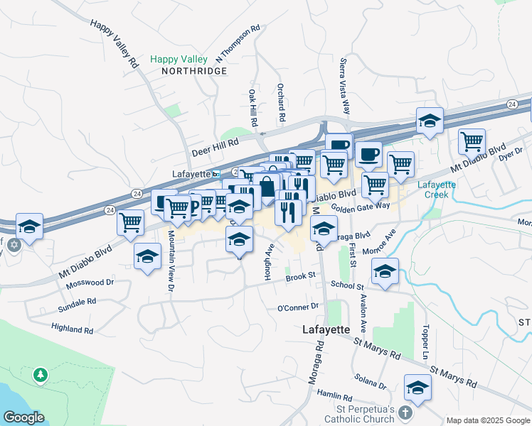 map of restaurants, bars, coffee shops, grocery stores, and more near 3561 Mount Diablo Boulevard in Lafayette