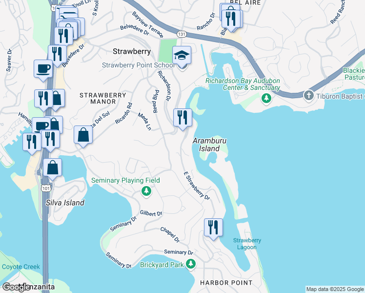 map of restaurants, bars, coffee shops, grocery stores, and more near 317 East Strawberry Drive in Mill Valley