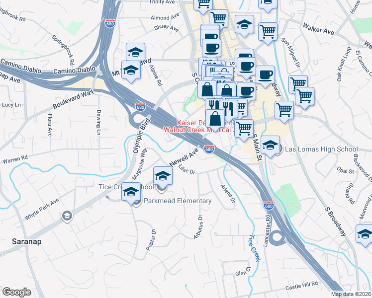 map of restaurants, bars, coffee shops, grocery stores, and more near 1690 Newell Avenue in Walnut Creek
