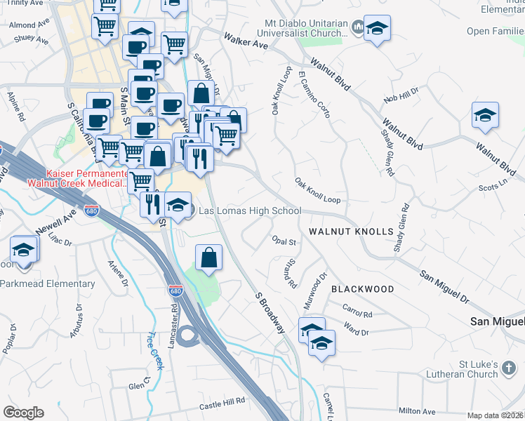 map of restaurants, bars, coffee shops, grocery stores, and more near 40 Santa Rita Drive in Walnut Creek
