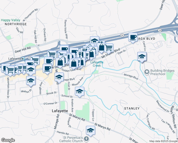 map of restaurants, bars, coffee shops, grocery stores, and more near 961 3rd Street in Lafayette