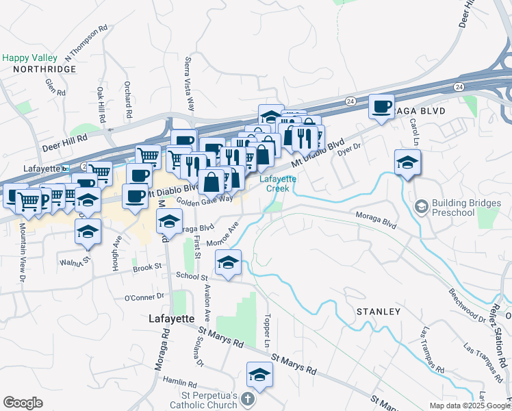 map of restaurants, bars, coffee shops, grocery stores, and more near 961 3rd Street in Lafayette