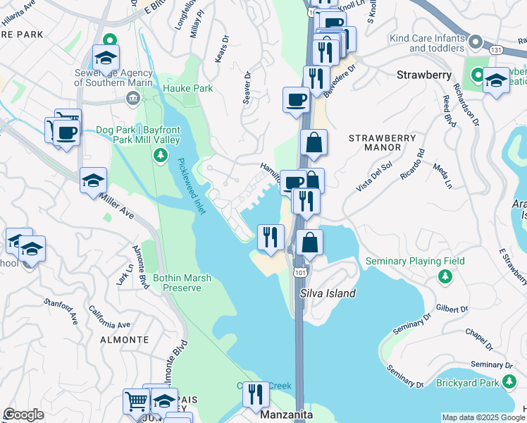 map of restaurants, bars, coffee shops, grocery stores, and more near 5102 Shelter Bay Avenue in Mill Valley