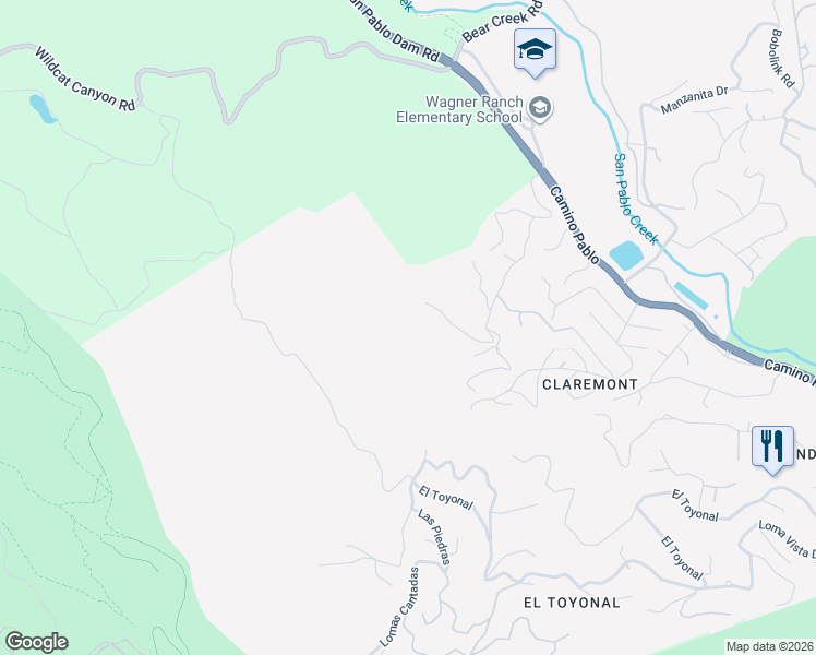 map of restaurants, bars, coffee shops, grocery stores, and more near 271 Monte Vista Ridge Road in Orinda