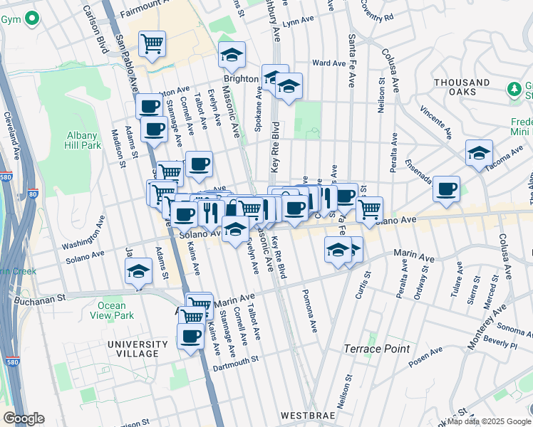 map of restaurants, bars, coffee shops, grocery stores, and more near 840 Key Route Boulevard in Albany