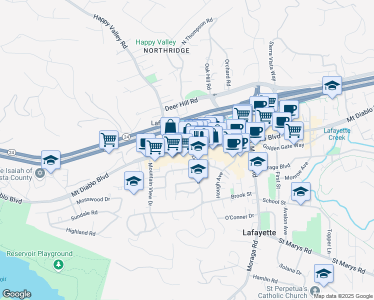map of restaurants, bars, coffee shops, grocery stores, and more near 3614 Mount Diablo Boulevard in Lafayette