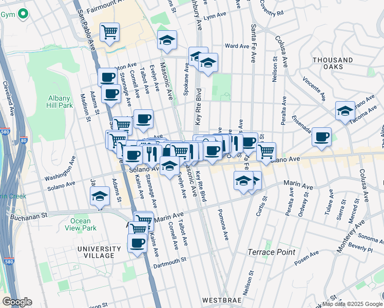 map of restaurants, bars, coffee shops, grocery stores, and more near 840 Key Route Boulevard in Albany