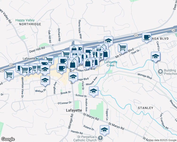 map of restaurants, bars, coffee shops, grocery stores, and more near 3477 Golden Gate Way in Lafayette