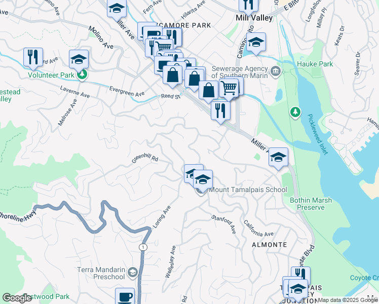map of restaurants, bars, coffee shops, grocery stores, and more near 24 Morning Sun Avenue in Mill Valley