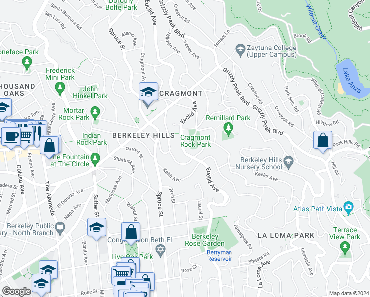 map of restaurants, bars, coffee shops, grocery stores, and more near 1000 Euclid Avenue in Berkeley