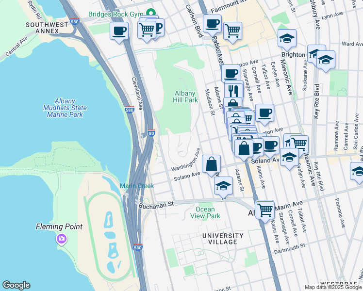 map of restaurants, bars, coffee shops, grocery stores, and more near 872 Hillside Avenue in Albany