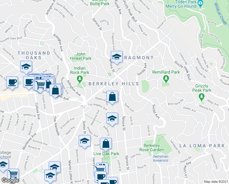 map of restaurants, bars, coffee shops, grocery stores, and more near 932 San Benito Road in Berkeley