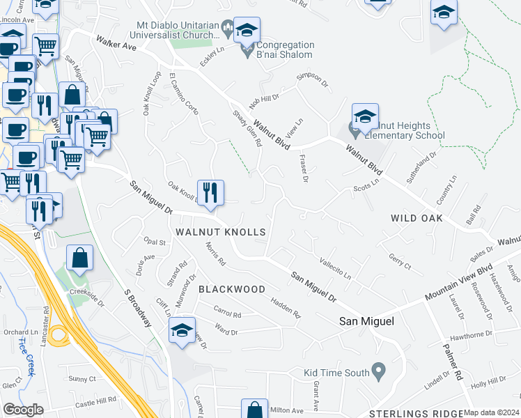map of restaurants, bars, coffee shops, grocery stores, and more near 351 Shady Glen Road in Walnut Creek