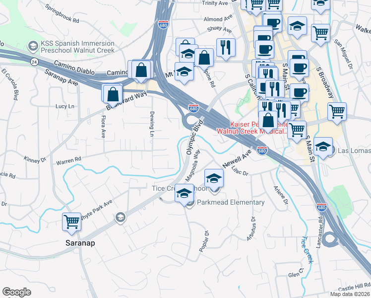 map of restaurants, bars, coffee shops, grocery stores, and more near 330 North Villa Way in Walnut Creek