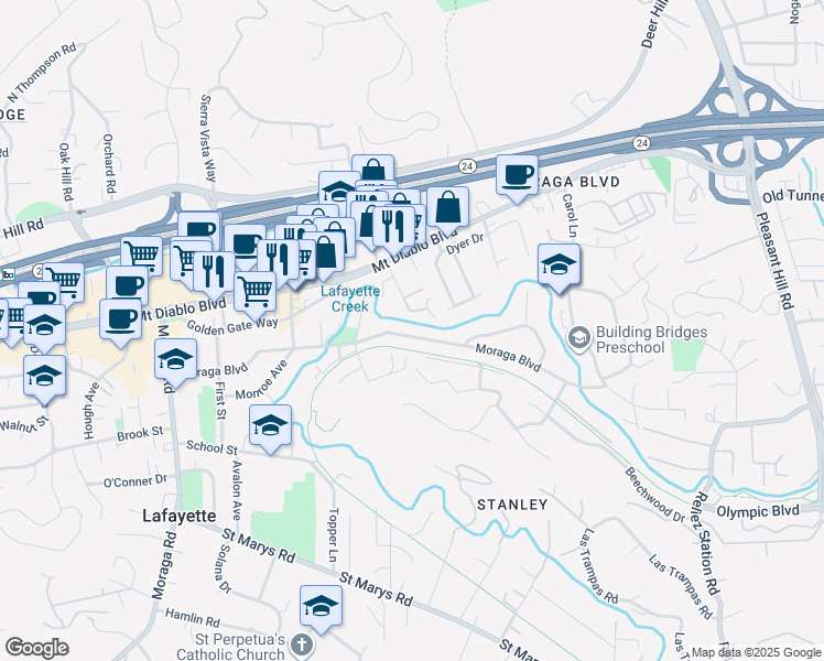 map of restaurants, bars, coffee shops, grocery stores, and more near 3394 Moraga Boulevard in Lafayette