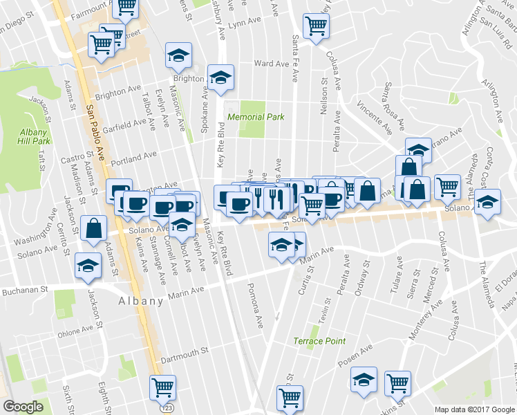 map of restaurants, bars, coffee shops, grocery stores, and more near 838 Carmel Ave in Albany