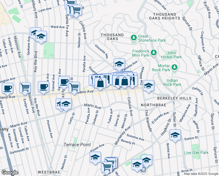 map of restaurants, bars, coffee shops, grocery stores, and more near 1737 Solano Avenue in Berkeley
