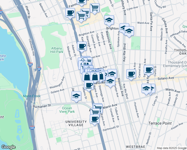 map of restaurants, bars, coffee shops, grocery stores, and more near 815 Kains Avenue in Albany