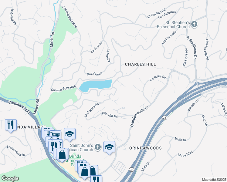 map of restaurants, bars, coffee shops, grocery stores, and more near 172 Camino Sobrante in Orinda