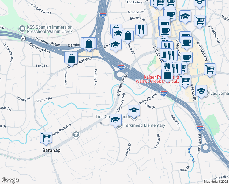 map of restaurants, bars, coffee shops, grocery stores, and more near 328 North Villa Way in Walnut Creek