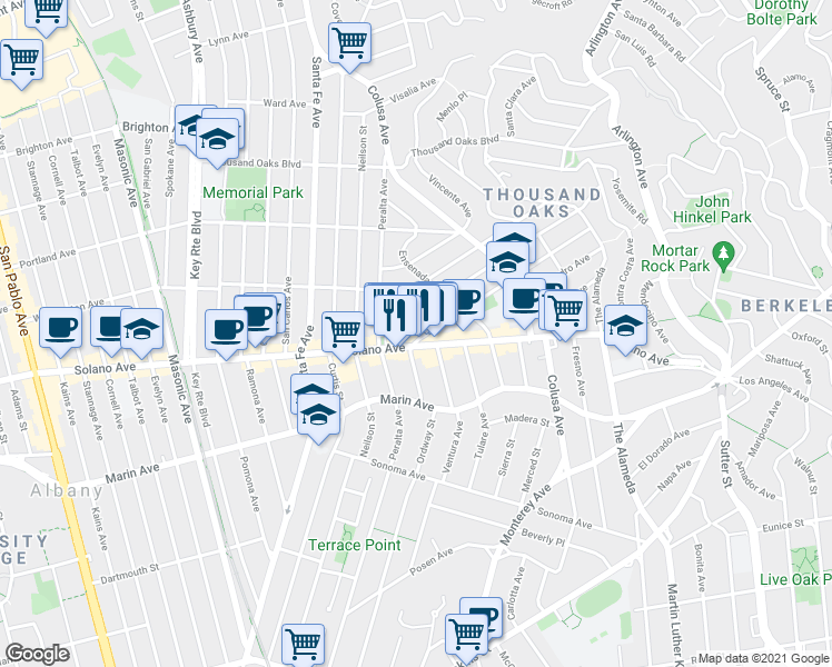 map of restaurants, bars, coffee shops, grocery stores, and more near 1617 Tacoma Avenue in Berkeley