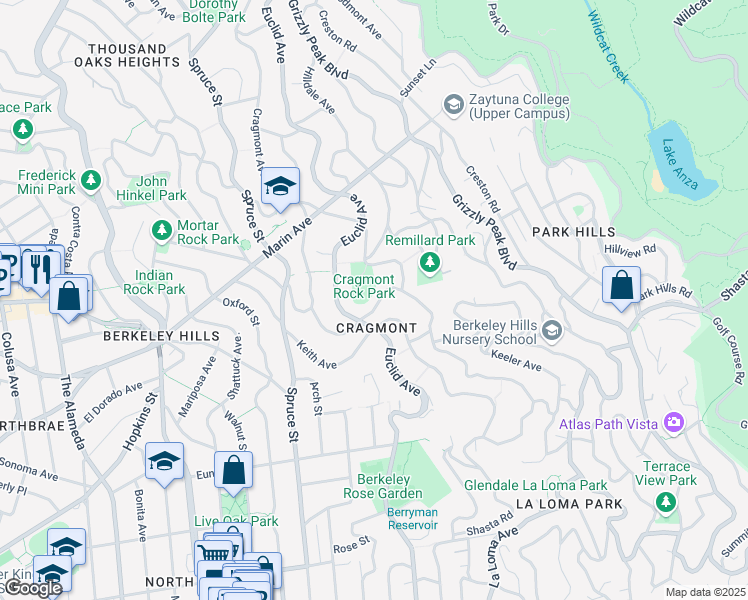 map of restaurants, bars, coffee shops, grocery stores, and more near 1049 Cragmont Avenue in Berkeley