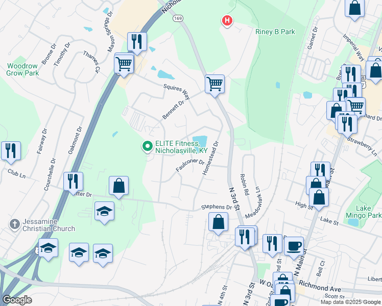 map of restaurants, bars, coffee shops, grocery stores, and more near 104 Frederick Road in Nicholasville