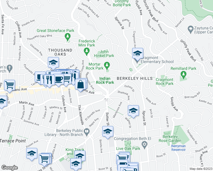 map of restaurants, bars, coffee shops, grocery stores, and more near 960 Indian Rock Avenue in Berkeley