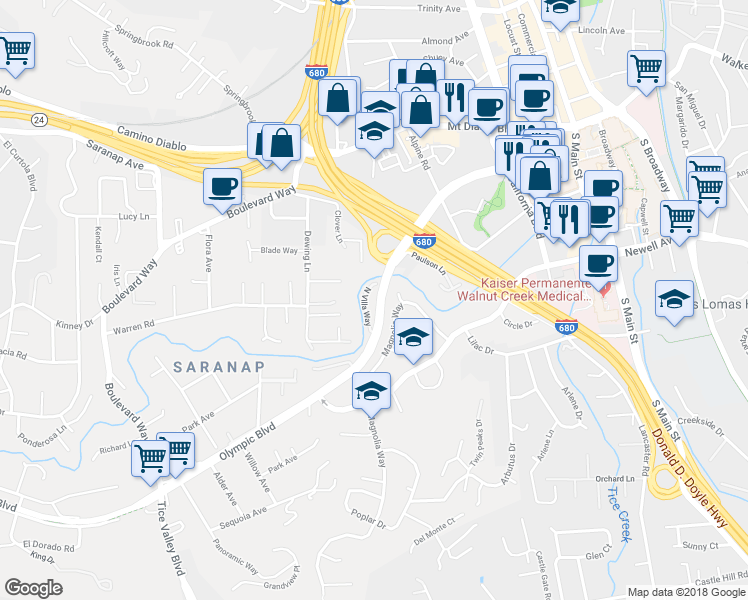 map of restaurants, bars, coffee shops, grocery stores, and more near 328 North Villa Way in Walnut Creek