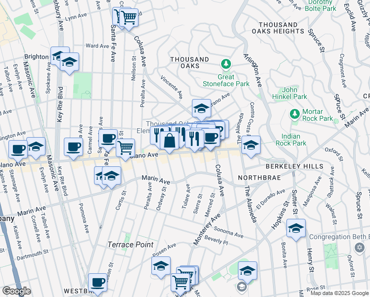 map of restaurants, bars, coffee shops, grocery stores, and more near 889 Ensenada Avenue in Berkeley
