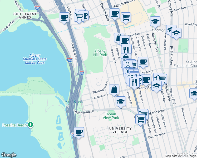 map of restaurants, bars, coffee shops, grocery stores, and more near 872 Hillside Avenue in Albany