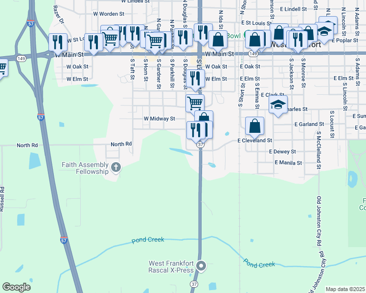 map of restaurants, bars, coffee shops, grocery stores, and more near 701-899 South Douglas Street in West Frankfort