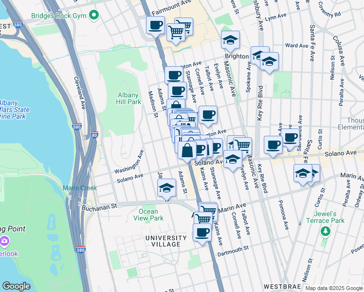 map of restaurants, bars, coffee shops, grocery stores, and more near 828 San Pablo Avenue in Albany