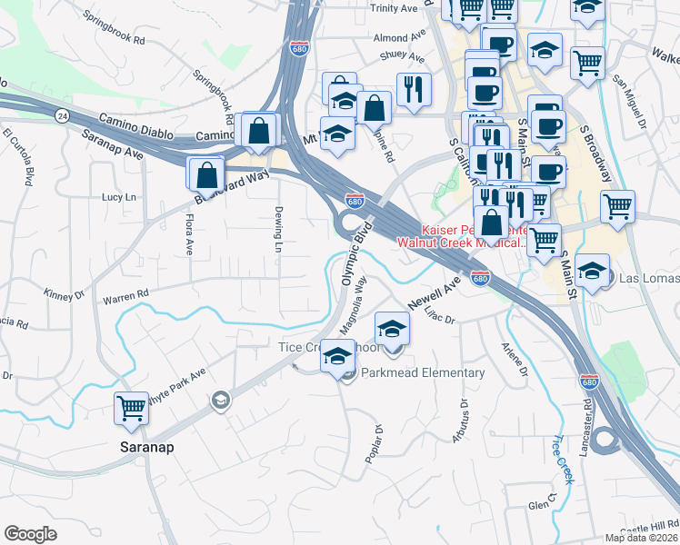 map of restaurants, bars, coffee shops, grocery stores, and more near 328 North Villa Way in Walnut Creek