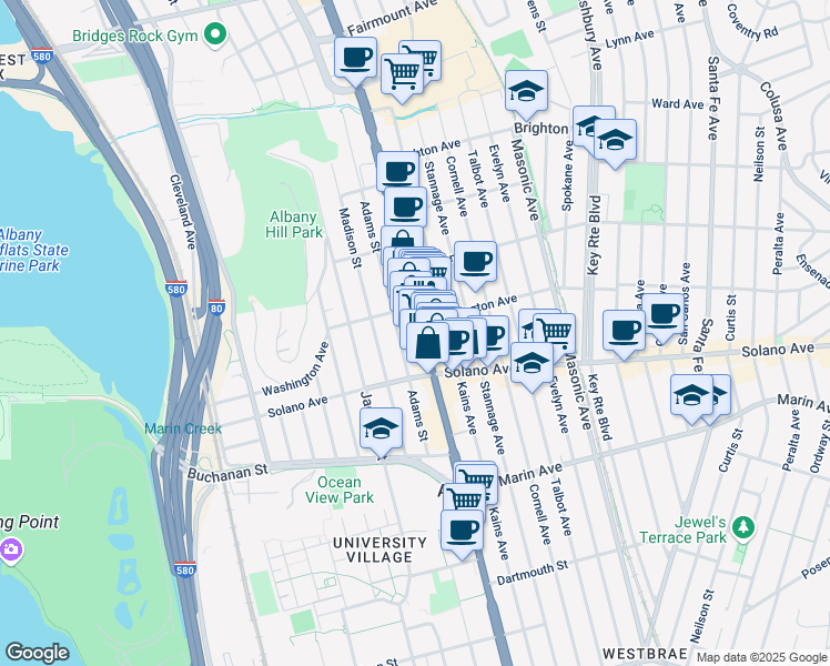map of restaurants, bars, coffee shops, grocery stores, and more near 828 San Pablo Avenue in Albany