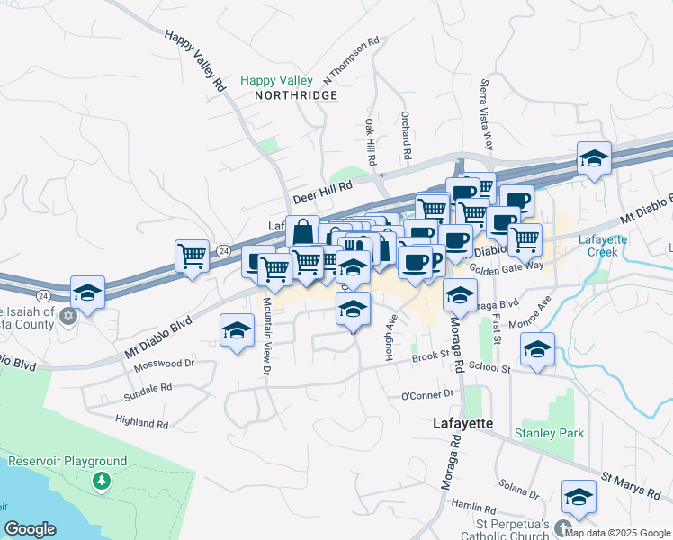 map of restaurants, bars, coffee shops, grocery stores, and more near 3610 Mount Diablo Boulevard in Lafayette