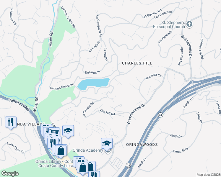 map of restaurants, bars, coffee shops, grocery stores, and more near 172 Camino Sobrante in Orinda