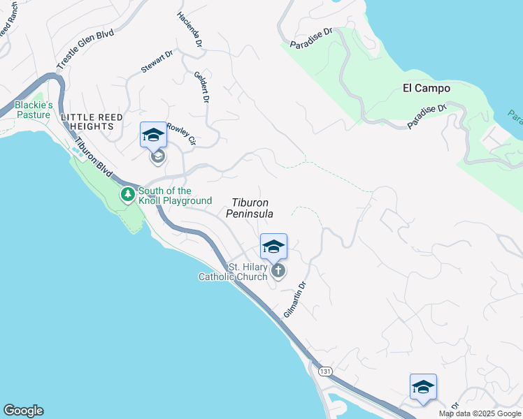 map of restaurants, bars, coffee shops, grocery stores, and more near 154 Rock Hill Road in Tiburon