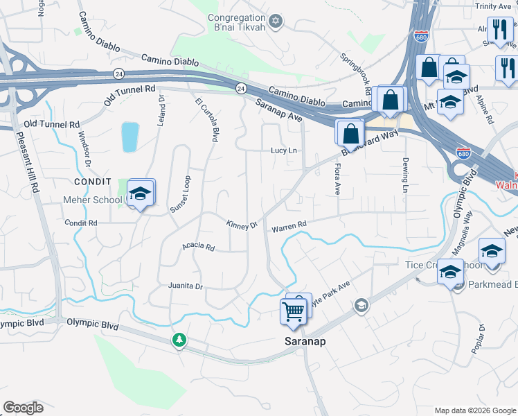 map of restaurants, bars, coffee shops, grocery stores, and more near 1 Garden Court in Walnut Creek