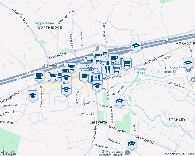 map of restaurants, bars, coffee shops, grocery stores, and more near in Lafayette