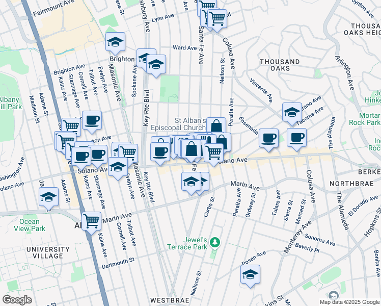map of restaurants, bars, coffee shops, grocery stores, and more near 839 San Carlos Avenue in Albany